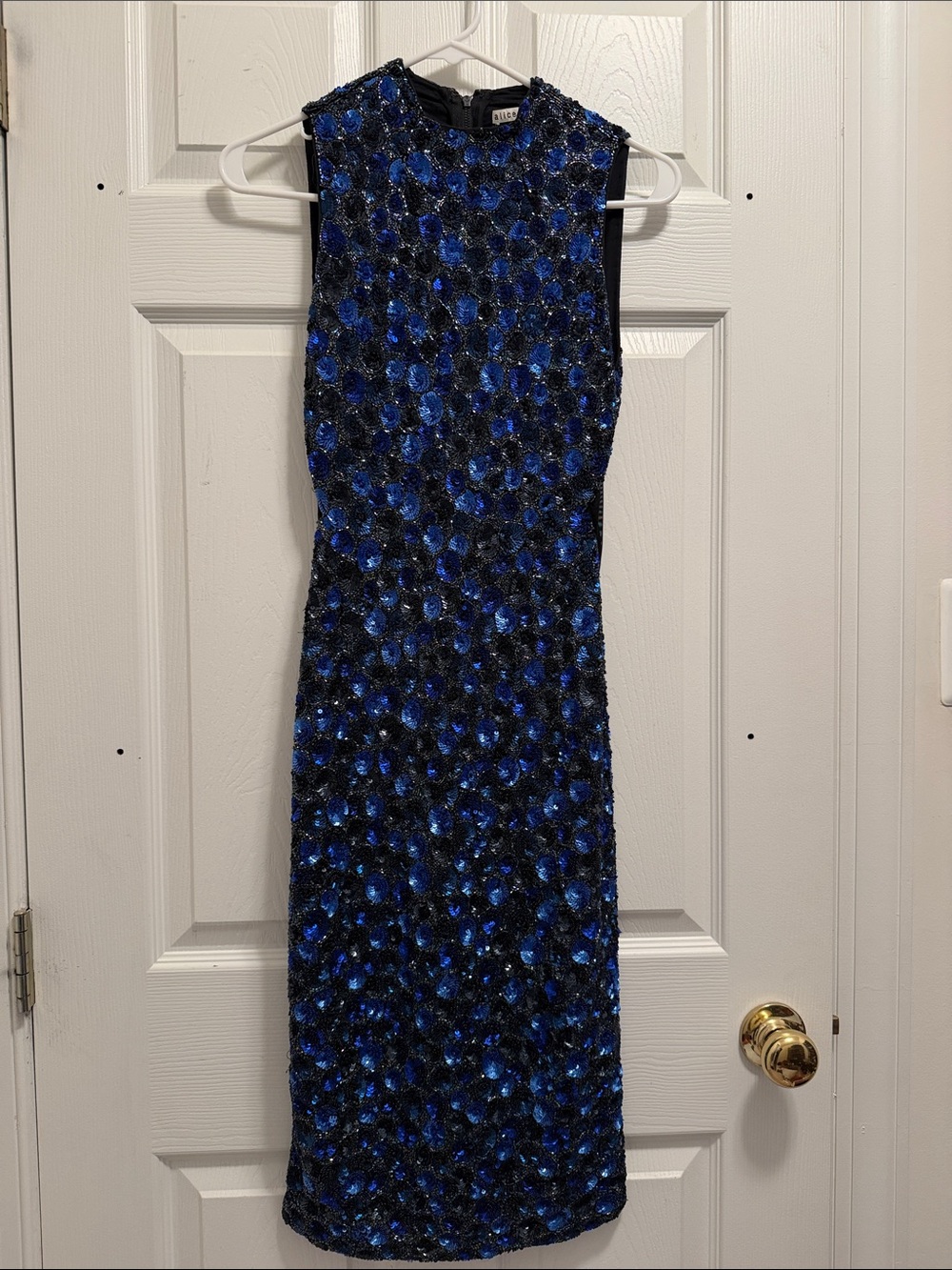 Alice + Olivia Black and Blue Sequin Midi Sheath Dress